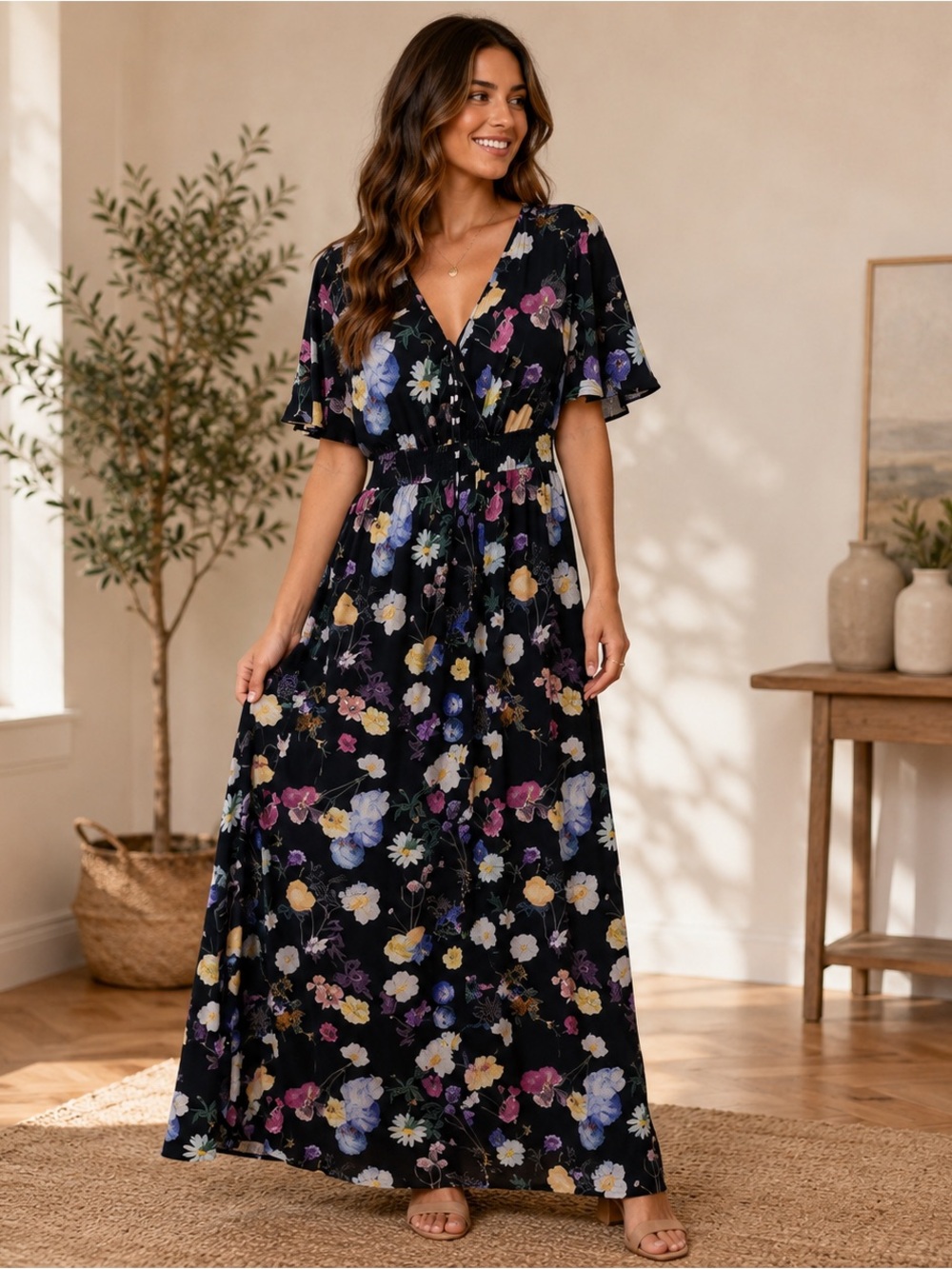 Little Mistress Tall Floral Chiffon Maxi Dress Womenโs 6 Flutter Sleeve NWT